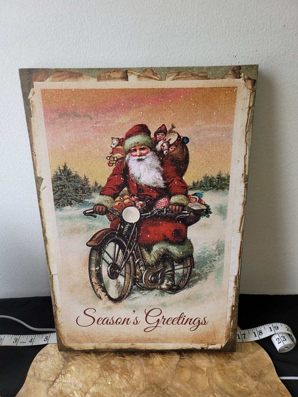 Season's Greetings Vintage Santa on Motorcycle Holiday Wall Art - Red